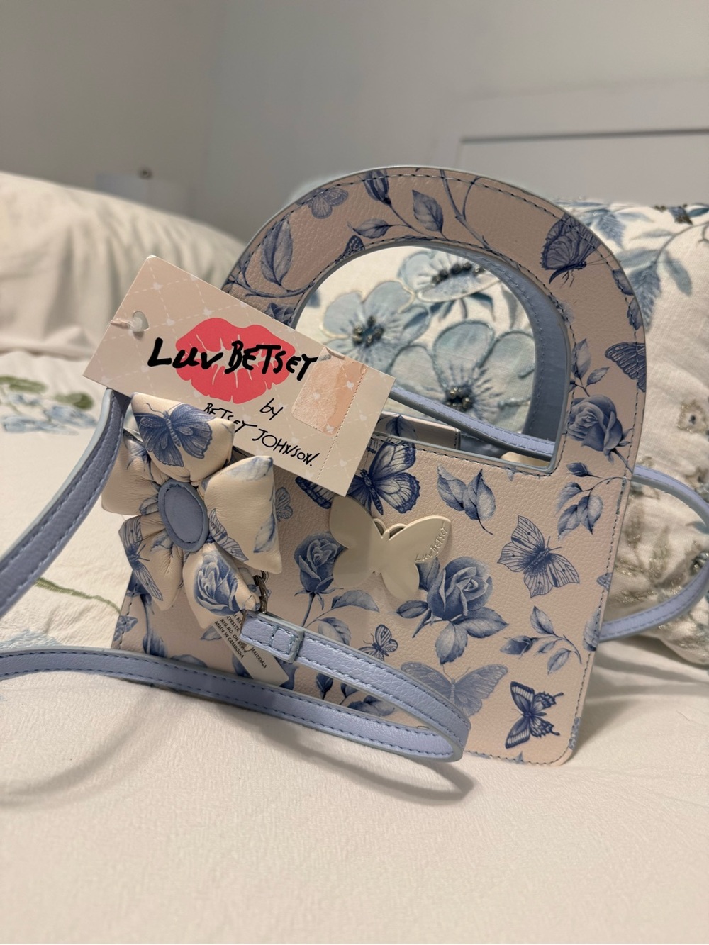 Betsey Johnson Cream Mini Floral Crossbody with Blue Print